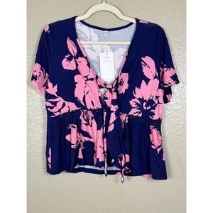 ArtJuly Navy Pink Floral Tie Front Peplum Top Medium Cottagecore Soft NWT